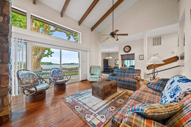 105 Long Island Bay Unit A1, Hot Springs, AR 71913 - living room featuring high vaulted ceiling, beamed ceiling, wood finished floors, ceiling fan, and a chandelier