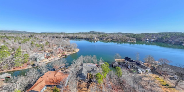 drone / aerial view featuring a water view and a wooded view