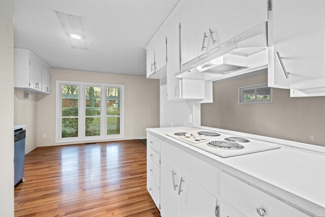 kitchen featuring white cabinetry, light countertops, stainless steel dishwasher, a wealth of natural light, and white electric stovetop