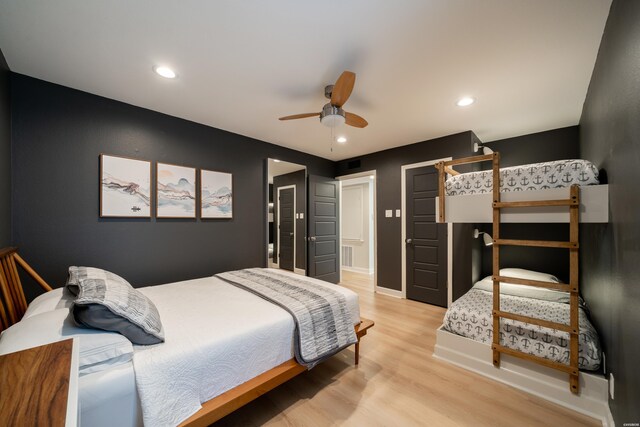 bedroom featuring light wood-type flooring, ceiling fan, and recessed lighting