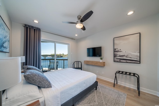 bedroom with baseboards, ceiling fan, light wood-style flooring, access to outside, and recessed lighting