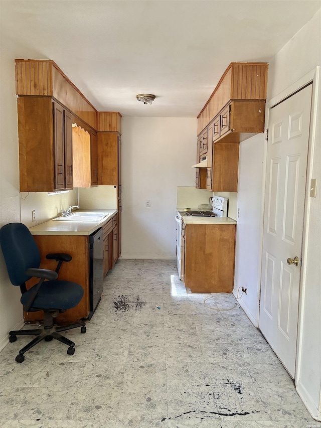 kitchen featuring brown cabinets, white range with electric cooktop, light countertops, a sink, and dishwasher