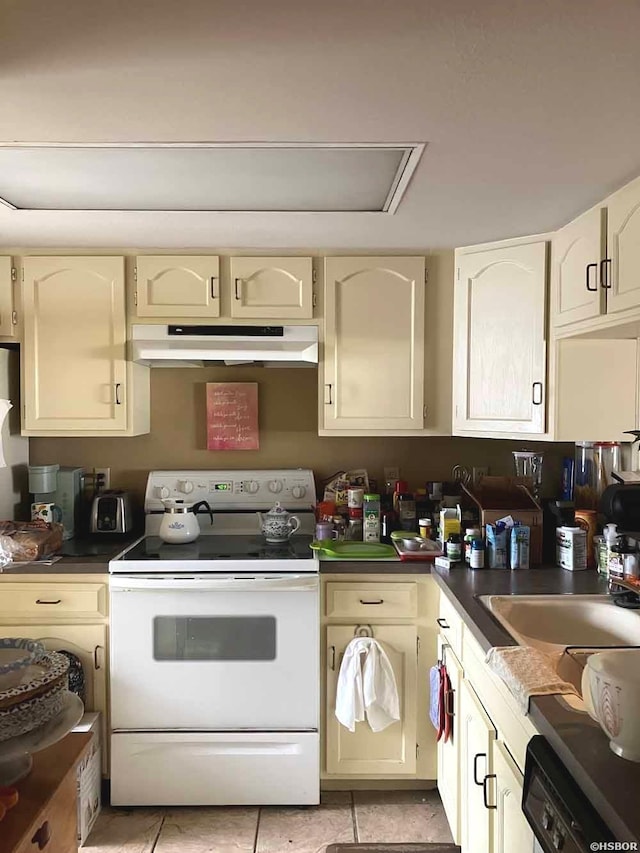 22 Huntleigh Dr, Hot Springs, AR 71901 - kitchen with electric stove, under cabinet range hood, dark countertops, light tile patterned flooring, and a sink