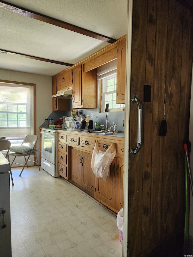 256 Shawnee Loop, Amity, AR 71921 - kitchen with white range with electric cooktop, under cabinet range hood, light floors, light countertops, and brown cabinets