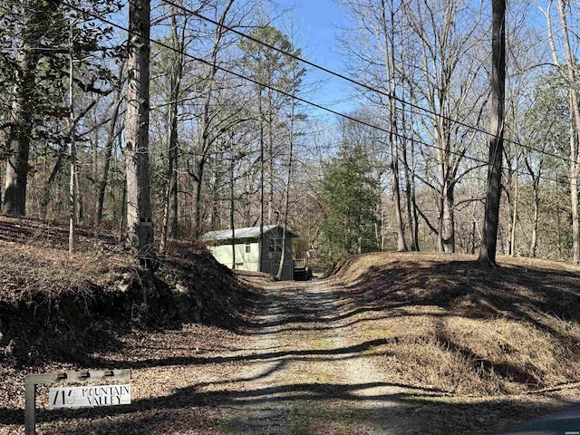 view of road featuring a forest view and driveway