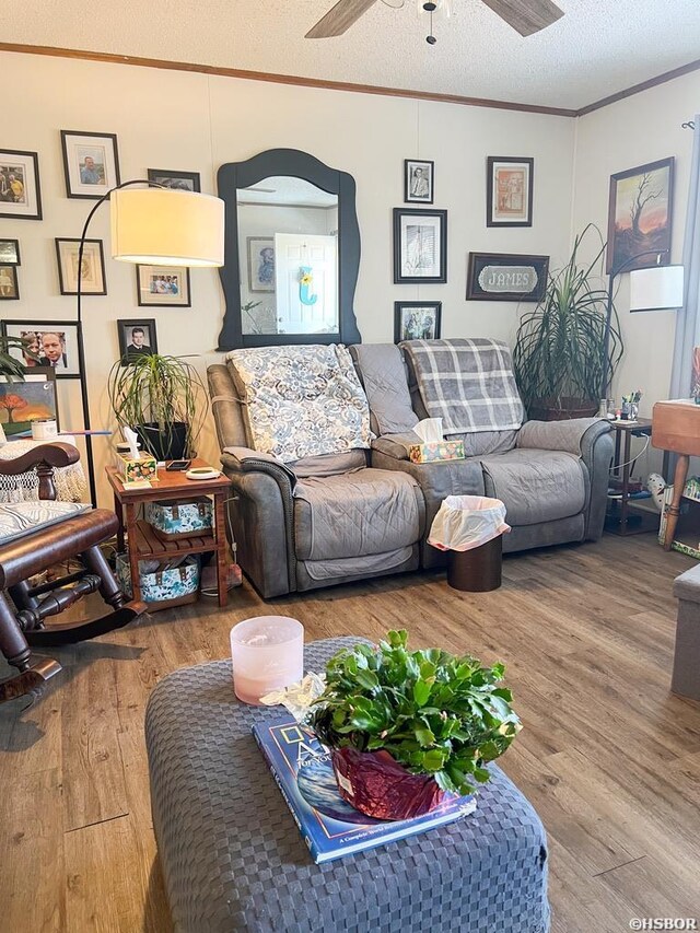 living area featuring a textured ceiling, wood finished floors, a ceiling fan, and crown molding