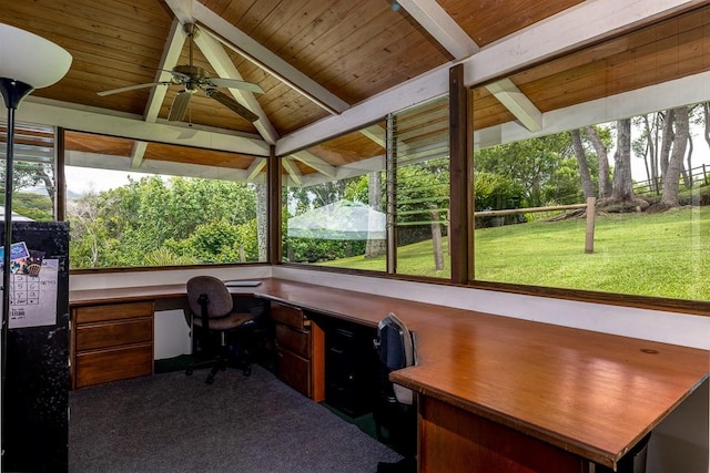 office with wooden ceiling, ceiling fan, built in desk, and plenty of natural light