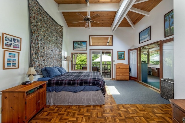 bedroom featuring high vaulted ceiling, beam ceiling, ceiling fan, and access to outside