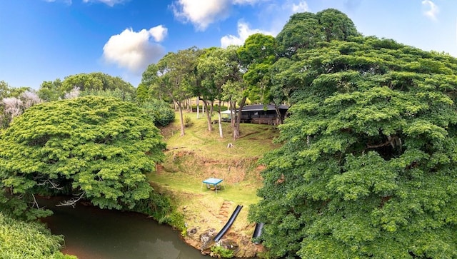 birds eye view of property with a water view