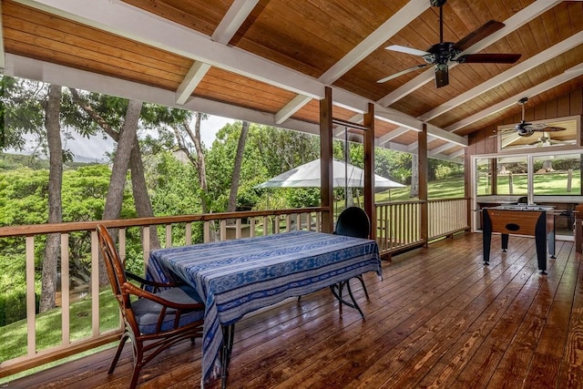 sunroom featuring lofted ceiling with beams, wood ceiling, and ceiling fan