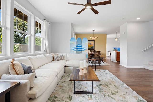 living room featuring ceiling fan and dark hardwood / wood-style floors