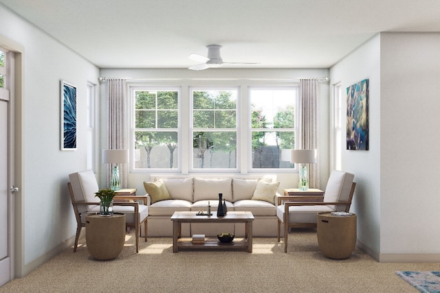 carpeted living room with ceiling fan