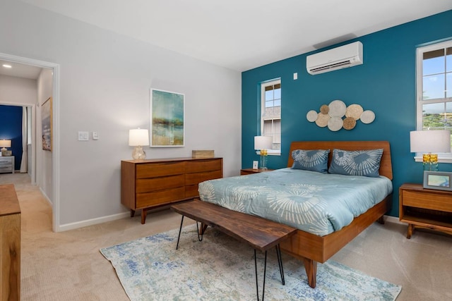 carpeted bedroom with multiple windows and a wall unit AC