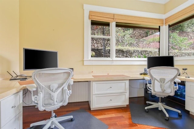 office space featuring built in study area, light wood-style flooring, and radiator