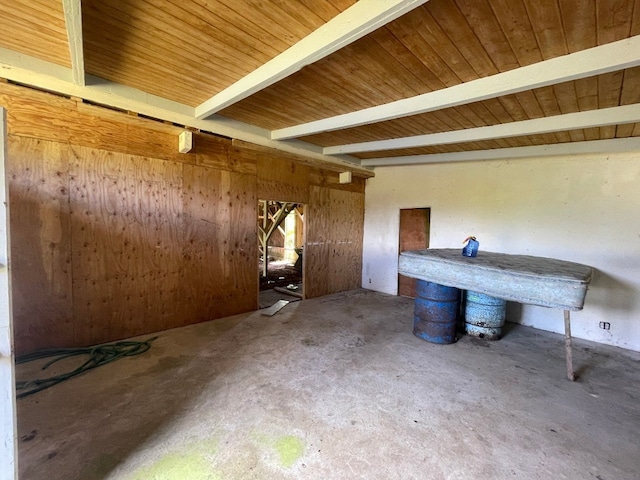 interior space featuring beamed ceiling and wood ceiling