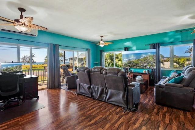 living room featuring dark hardwood / wood-style floors, a wall mounted AC, and ceiling fan