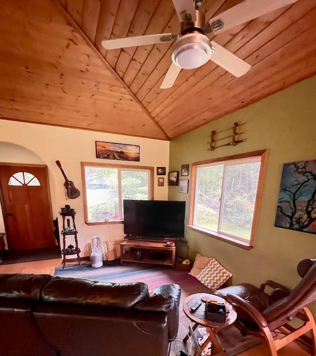 living room featuring high vaulted ceiling, wooden ceiling, and ceiling fan