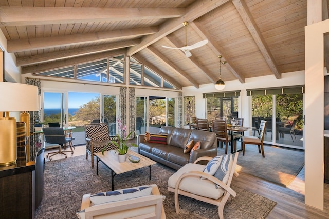 sunroom / solarium with ceiling fan, vaulted ceiling with beams, and wood ceiling