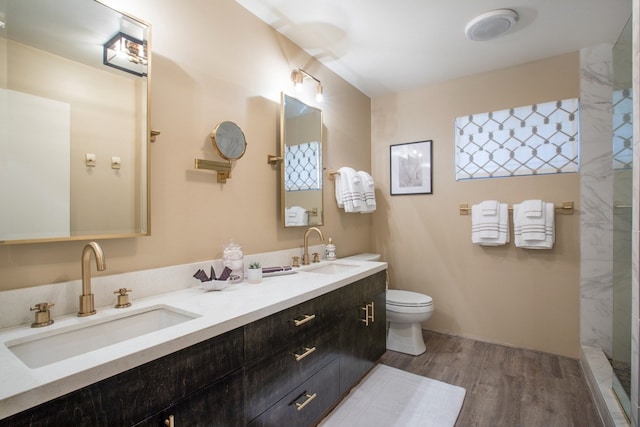 bathroom featuring toilet, double vanity, and wood-type flooring