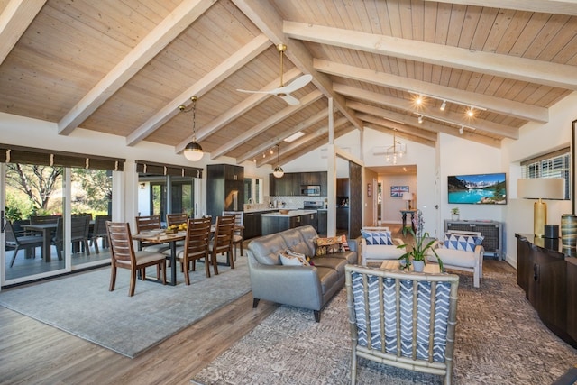 living room featuring high vaulted ceiling, ceiling fan, wood ceiling, beamed ceiling, and dark hardwood / wood-style floors