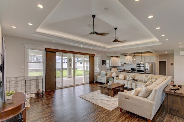 living room with a raised ceiling, ceiling fan, and dark hardwood / wood-style flooring