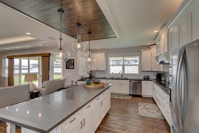 kitchen featuring hanging light fixtures, dark hardwood / wood-style flooring, appliances with stainless steel finishes, backsplash, and a tray ceiling