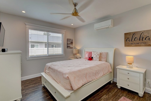 bedroom with a wall mounted AC, ceiling fan, and dark hardwood / wood-style flooring