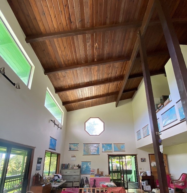 interior space with wooden ceiling and beam ceiling