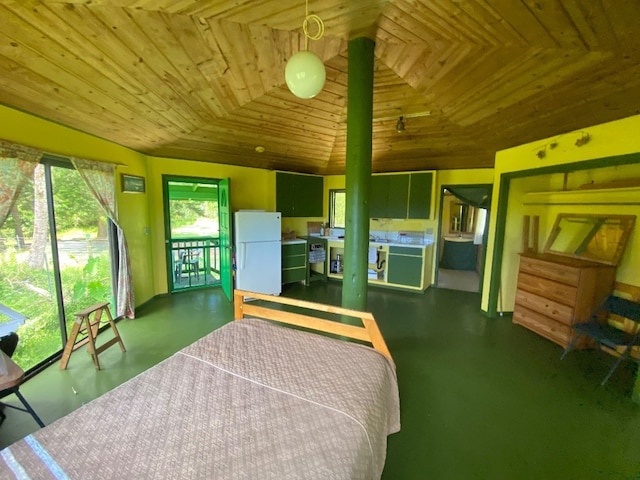 bedroom featuring white fridge and wood ceiling