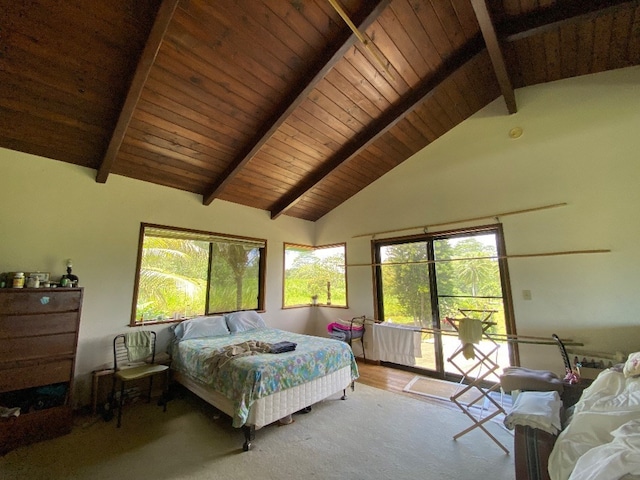 carpeted bedroom featuring beamed ceiling, high vaulted ceiling, and wooden ceiling