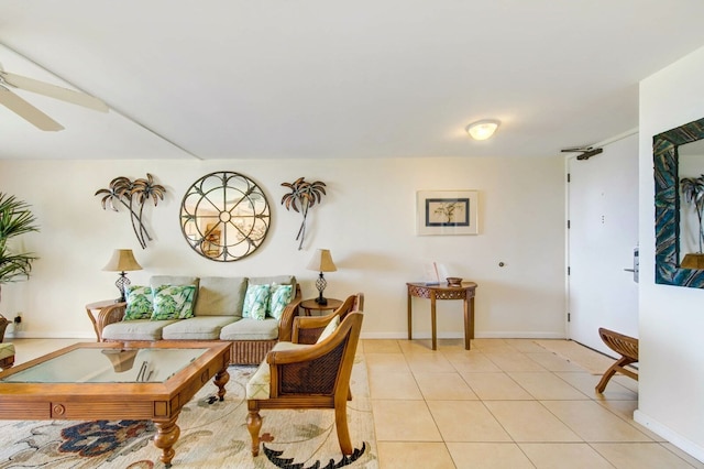 tiled living room featuring ceiling fan