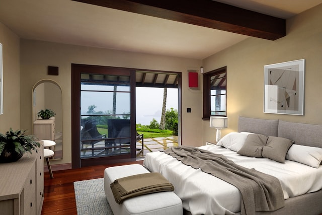 bedroom with access to outside, dark wood-type flooring, and beam ceiling