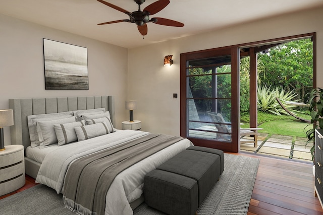 bedroom with ceiling fan, access to outside, and hardwood / wood-style floors