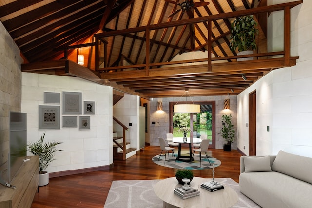 living room with dark wood-type flooring, high vaulted ceiling, ceiling fan, and beamed ceiling