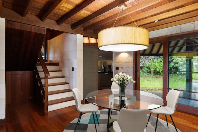 dining room featuring dark wood-type flooring, wooden ceiling, and beamed ceiling