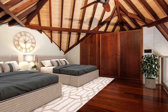 bedroom featuring wood ceiling, wood-type flooring, wooden walls, high vaulted ceiling, and beam ceiling