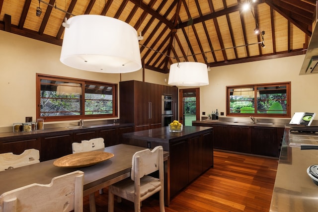 kitchen with high vaulted ceiling, beam ceiling, dark hardwood / wood-style flooring, wooden ceiling, and stainless steel counters