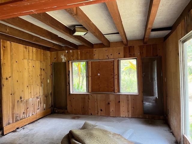 interior space featuring wood walls and beamed ceiling