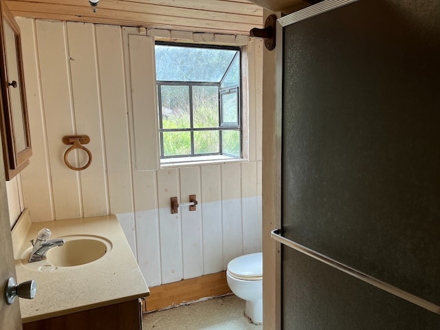 bathroom with vanity, toilet, and wood walls