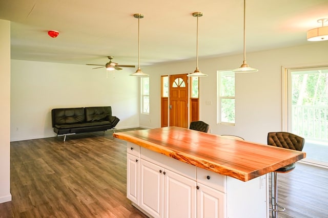 kitchen featuring white cabinets, ceiling fan, dark hardwood / wood-style floors, and plenty of natural light