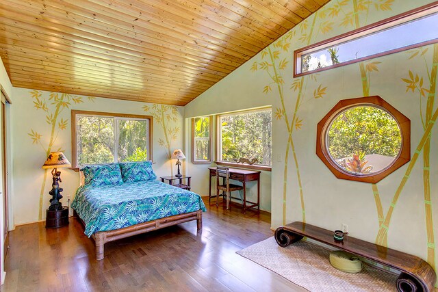 bedroom featuring wooden ceiling, multiple windows, and dark hardwood / wood-style floors