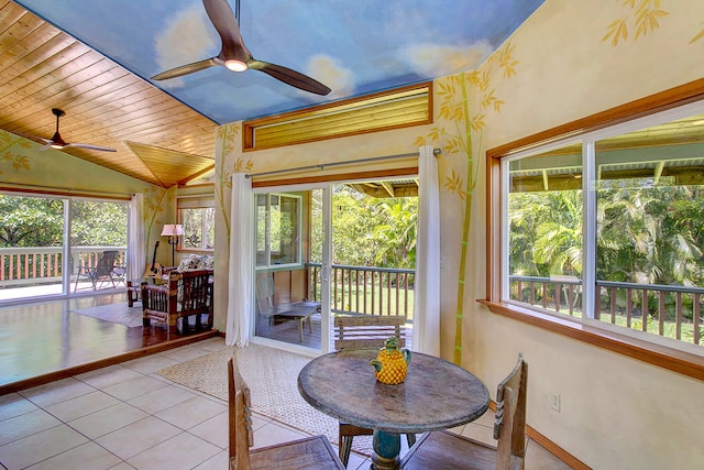 sunroom featuring wooden ceiling, ceiling fan, and lofted ceiling