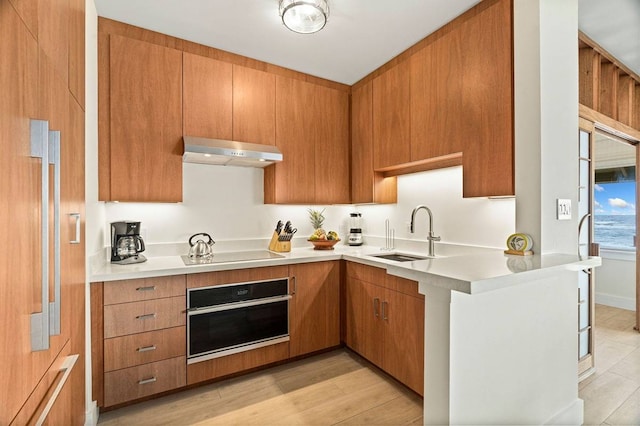 kitchen with light hardwood / wood-style floors, black electric stovetop, oven, and sink