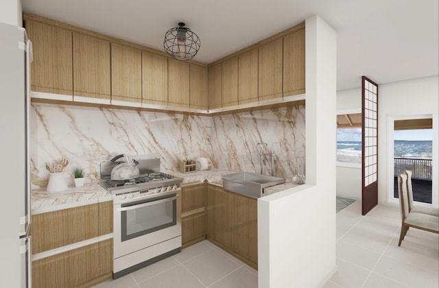 kitchen with white appliances and light tile floors