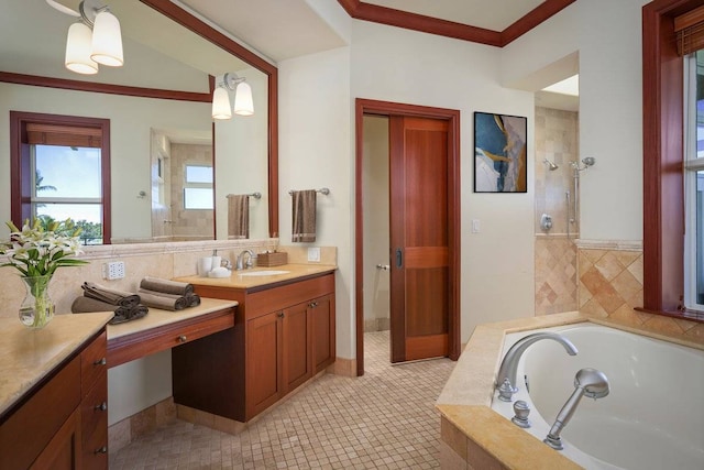 bathroom with crown molding, vanity, shower with separate bathtub, and tile patterned flooring