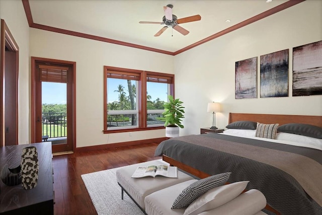 bedroom with ornamental molding, dark wood-type flooring, access to outside, and ceiling fan