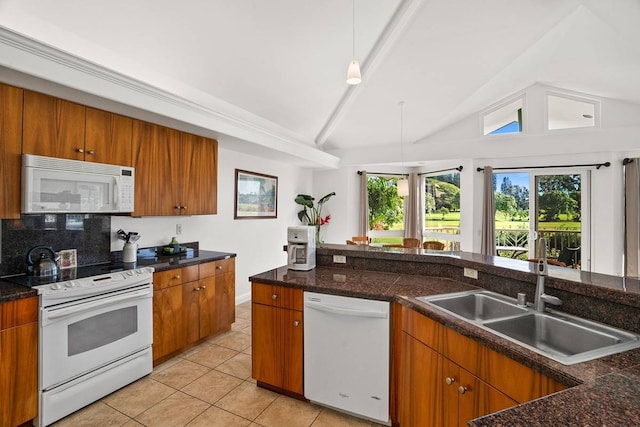 kitchen with white appliances, sink, light tile floors, backsplash, and vaulted ceiling