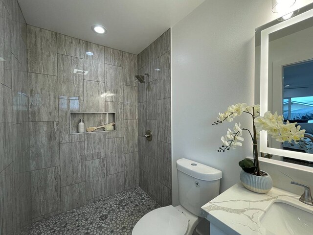 bathroom with a tile shower, vanity with extensive cabinet space, and toilet