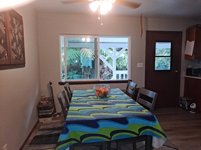 dining area featuring ceiling fan and dark wood-type flooring