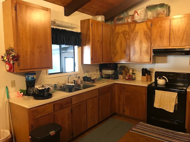 kitchen with wood ceiling, black electric range, sink, and lofted ceiling with beams